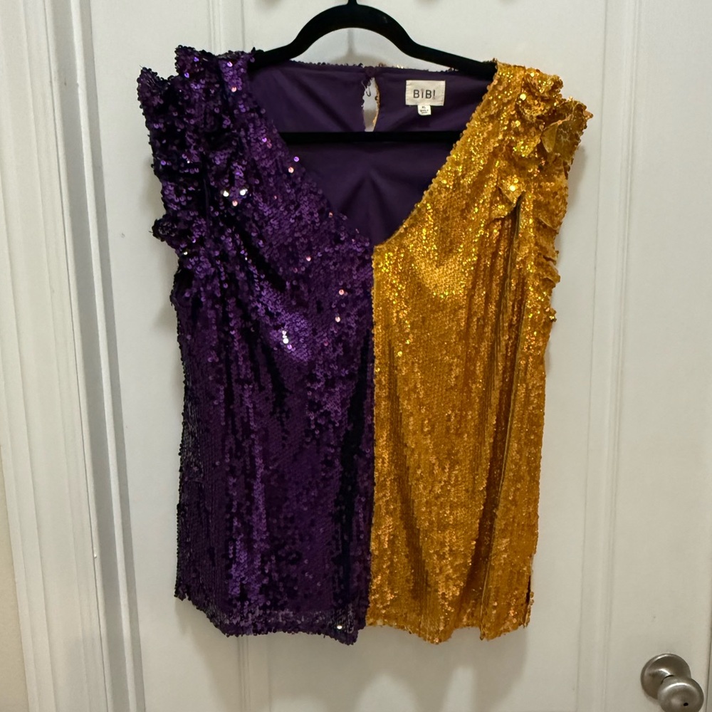 BiBi Purple and Gold Sequin Blouse With Double Ruffle Sleaves